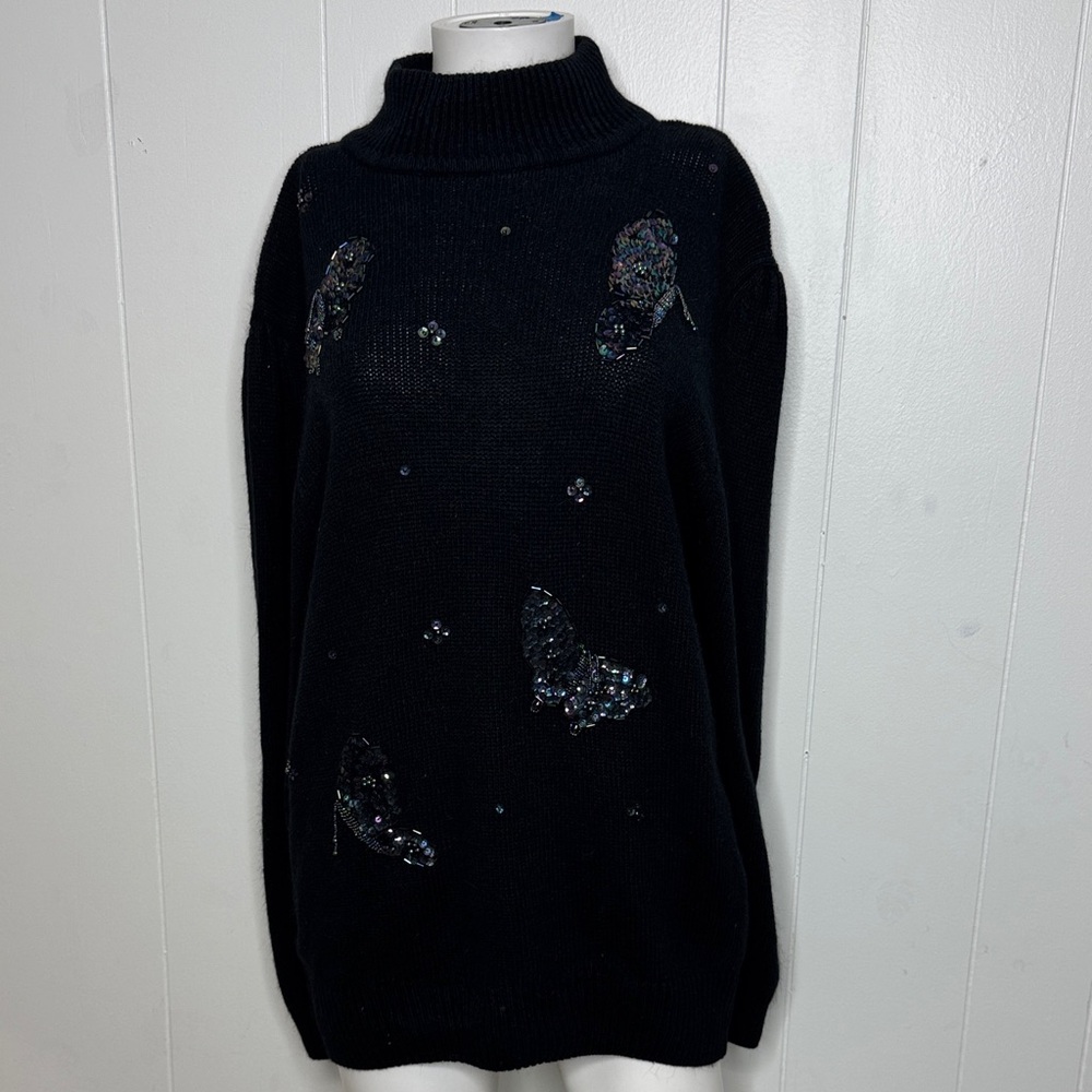 sequin butterfly sweater silk rabbit hair blend black womens L vintage